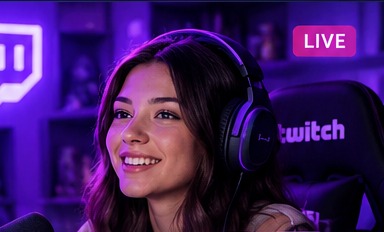 Streamer in a purple-lit streaming setup